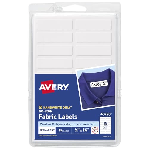 Avery No-Iron Fabric Labels 1/2" x 1-3/4" Waterproof & Washer Safe - 54 Labels