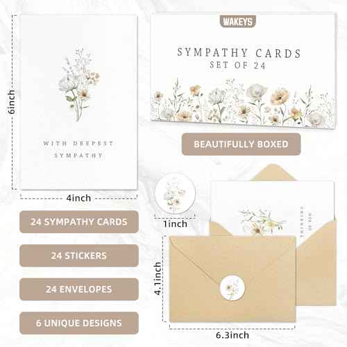 24 Pcs Sympathy Cards with Envelopes, Bulk Condolence Cards with Thoughtful Messages with Adhesive Envelopes and Stickers, 6 Unique Designs