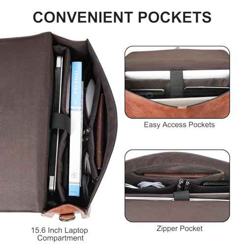 ESTARER Mens Leather Briefcase 15.6 Inch Laptop Messenger Bag, Computer Shoulder Bag Professional Office Satchel for Work Business, Brown