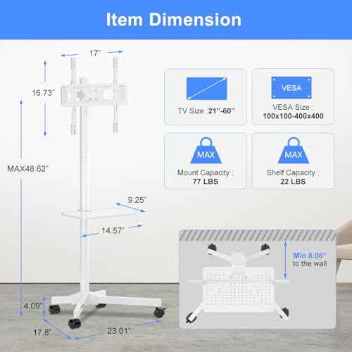 suptek White Mobile TV Cart for 21-60 Inch LCD LED Flat/Curved Panel Screen TVs Max VESA 400x400 with Laptop Shelf Holds up to 77lbs, White, ML55BW