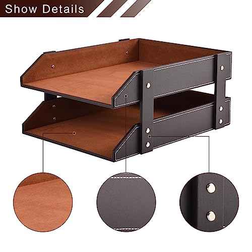 Leather Desk Organizer,2-Tier Stackable Letter Tray Holder,Office Supplies Desktop Storage Box for Document,Stationery,Magazines,Newspapers,Letters and Other Home Office Paper Sundries,Coffee