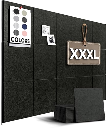 WallHero Black Large Cork Board 59"x36" with 15 Felt Wall Tiles Set
