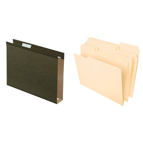 Pendaflex Extra Capacity Reinforced Hanging File Folders, 2", Letter Size, Standard Green, 1/5 Cut, 25/BX (04152X2) & File Folders, Letter Size, 8-1/2" x 11", Classic Manila, 1/3-Cut Tabs in Left