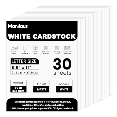 White Cardstock 8.5 x 11 / 8 1/2" x 11" Heavy 80 lb, 30 Sheets - Manilaus