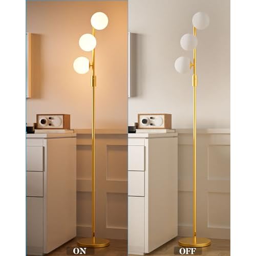 FAITHSAIL 3 Globe Mid Century Floor Lamp, Dimmable Modern Standing Lamp with PC Shade & 3pcs Warm White LED Bulbs, Gold Tall Tree Lamp for Living Room, Bedroom