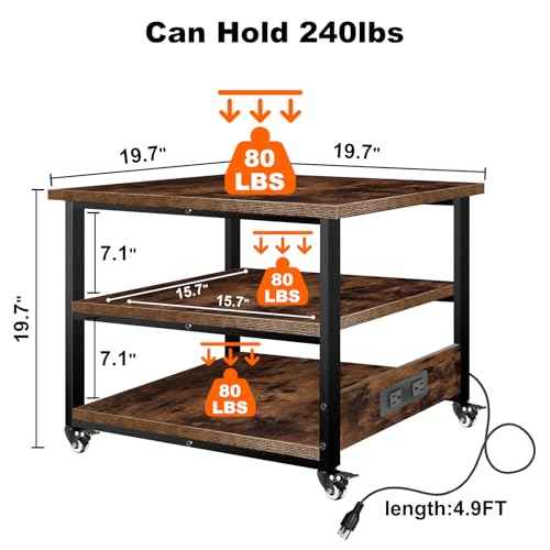 Printer Stand, 19.7x19.7'' Large Printer Table with Power Outlet for Home Office Organization, Under Desk 3d Printer Stand With Wheels, Heavy Duty Rolling Printer Cart Shelf Stand for Desktop-3 Tier