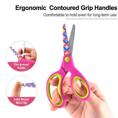 Kids Scissors Set, Safety Children Scissors with Blunt-Tip Floral Print Blade and Soft Grip, Great for DIY, Arts, Home, School Classroom Use, Blue/Purple/Yellow