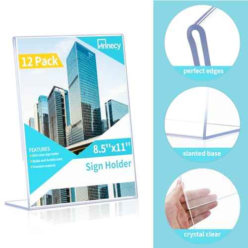 Annecy Sign Holder 8.5 x 11, 12 Pack, L Shape Plastic Clear Sign Stand for Display, Double-Sided, Slanted Back Design, Wide Use Plastic Material
