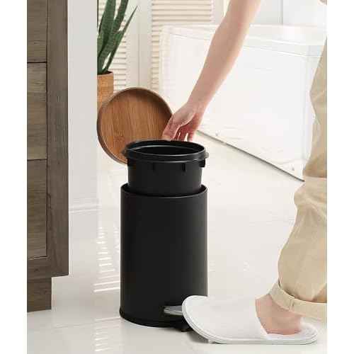 SunnyPoint Elite Bamboo Lid 4.5 Liter / 1.2 Gallon Round Trash Can with Plastic Inner Bucket; Bathroom, Office, Kitchen and Bedroom Step On and Slow Close (Black)
