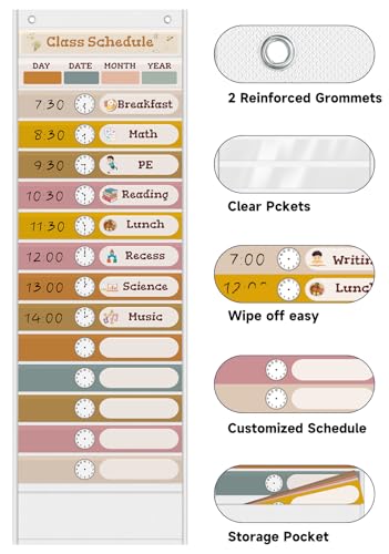 White 15+1 Pockets Daily Schedule Pocket Chart with 24 Double-Sided Cards - Boho Classroom Organizer for Teachers