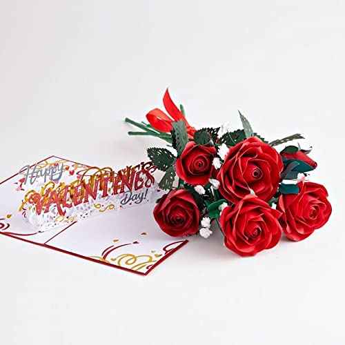 Lovepop Valentine¡¯s Day Set of 1 Pop-Up Card & 6 Paper Handcrafted Roses for Her - 3D Greeting Cards for Boys, Girls, Men, Women - 5" x 7" Card & 12" Rose - Blank Notecard & Envelope Included