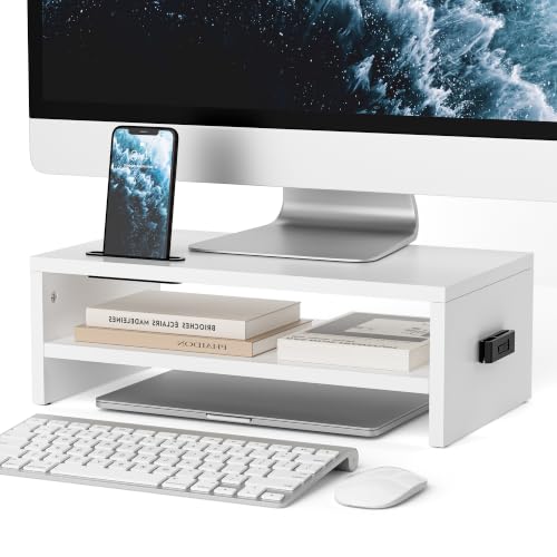 White 16.5 Inch Wooden Monitor Stand Riser for Desk, 2-Tier Organizer
