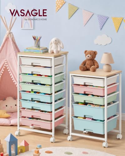 VASAGLE 8-Drawer Rolling Cart with Wooden Top — Multicolor