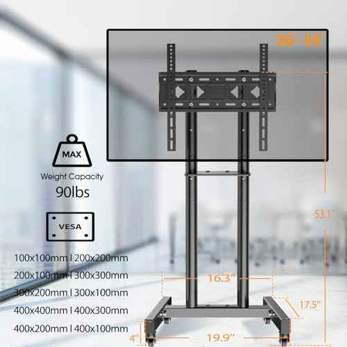 Mobile TV Stand with Wheels for 26-60 Inch Flat Curved TVs & Monitors, Rolling TV Cart Max VESA 400x400mm up to 90 lbs, Height Adjustable with Media Shelf, 32 40 42 43 50 55 inch TV Floor Mount