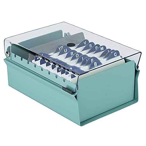 Acrimet 3 x 5 Card File Holder Organizer Box Metal Base Heavy Duty (AZ Index Cards and Divider Included) (Green Color with Clear Crystal Plastic Lid Cover)