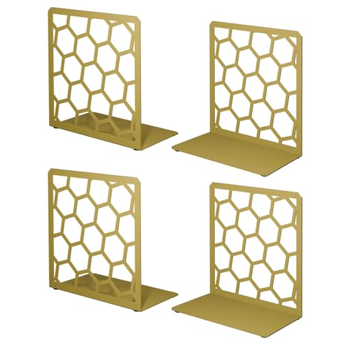 GEOMOD Gold Geometric Honeycomb Metal Bookends - 2 Pair, Heavy Duty Home Office Shelving