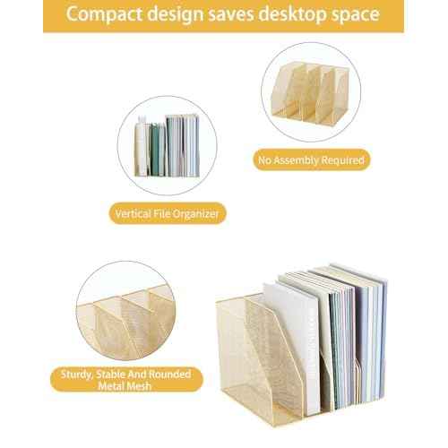 AUPSEN File Organizer for Desk, 4-Pack Magazine Binder Holder Desk File Organizer, Mesh File Folder Organizer for Home Office Organization (Gold)