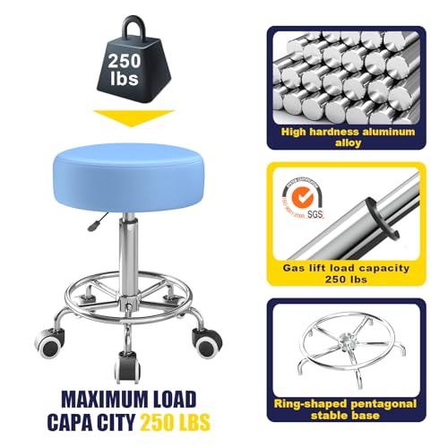 Rolling Stool, Heavy Weight Capacity 250lb, PU Leather Rolling stools, Ultra Soft Padded Seat, Rolling Stools with Wheels and Footrest, 360¡Æ Swivel, Spa Drawing Salon Work Office Tattoo Stool (blue)