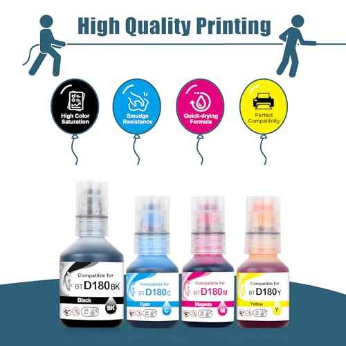 D180 Ink Refill Bottles Value Pack Replacement for Brother D180 BTD180BK BTD180CLVAL Ink Bottles Compatible for Brother DCP-T580DW DCP-T583DW DCP-T780DW Printers 4 Pack (BK CMY)