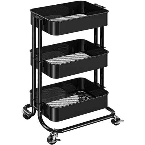Pipishell 3 Tier Metal Rolling Utility Cart, Heavy-Duty Storage Rolling Cart with 2 Lockable Wheels, Multifunctional Mesh Organization Utility Cart for Kitchen Dining Room Living Room (Black)