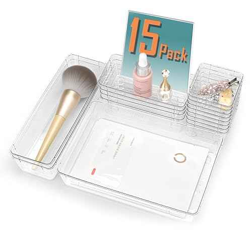 15Pcs Clear Plastic Drawer Organizers Set, 4size makeup drawer organizer trays for vanity/desk/bathroom/office/nightstand/gadgets for kitchen/desk drawer, Versatile drawer divider storage bins