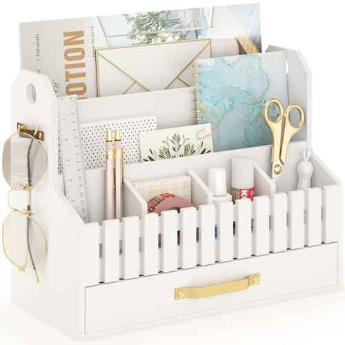 Bamboo Mail Organizer Countertop with Drawers, Wood Desk File Organizer Desktop Paper Organization Storage Bill & Letter Sorter Holder for School Home Office Supplies, No Assembly Required (White)