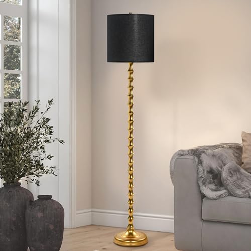 64" Gold Bamboo Floor Lamp, Mid-Century Modern Floor Lamp for Living Room & Bedroom with Black Drum Shade