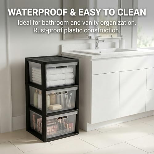 Black 3-Drawer Plastic Storage Tower Organizer with Clear Removable Bins