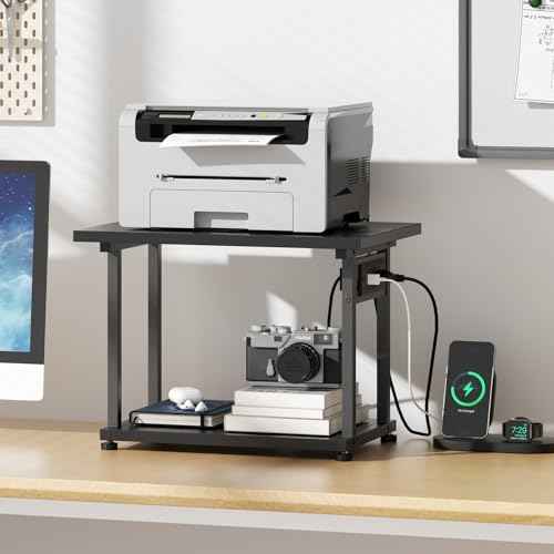 Printer Table, 2-Tier Under Desk Printer Stand with Charging Station, Printer Stand with Wheels, PrinterShelf for Small Spaces, Printer Cart for Home Office Black