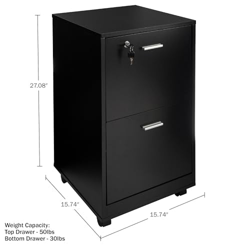 Lavish Home File Cabinet - 2-Drawer Cabinet with Lock and Deep Drawer Storage - Rolling Filing Cabinet for Under The Desk, Home, or Office (Black)