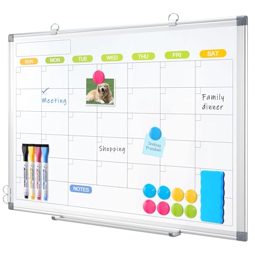 Dry Erase Calendar Whiteboard for Wall, WALGLASS 36" x 24" Magnetic White Board, Monthly Dry Erase Calendar with Silver Aluminum Frame, Double-Sided Hanging Portable Board for Office, Home, School