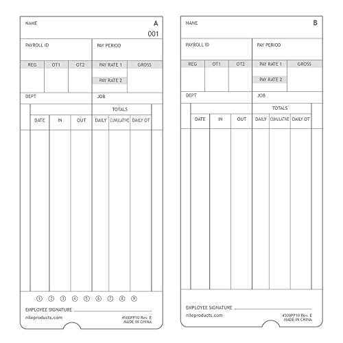 Nile Products - Authorized Time Cards for Nile Products 4500PP Compatible [ 4500PP10 ] Electronic Time Clock, Double Sided Time Sheets (3.37 x 7.37 Inches) - 100 Time Cards Per Package