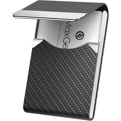 MaxGear Business Card Holder, PU Leather & Stainless Steel Business Card Case for Men or Women, Slim Name Cards Holder RFID Blocking Credit Cards Carrier with Magnetic Closure, Black Carbon
