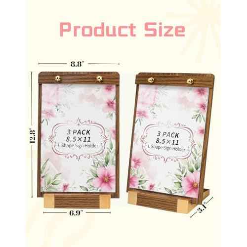 3 Pack 8.5"x11" Acrylic Sign Holder A4 with Wood-Color Base - Table Top Display Stand for Menus, Signs, Flyers, Perfect for Restaurants, Retail Stores, Conferences, Weddings, Offices