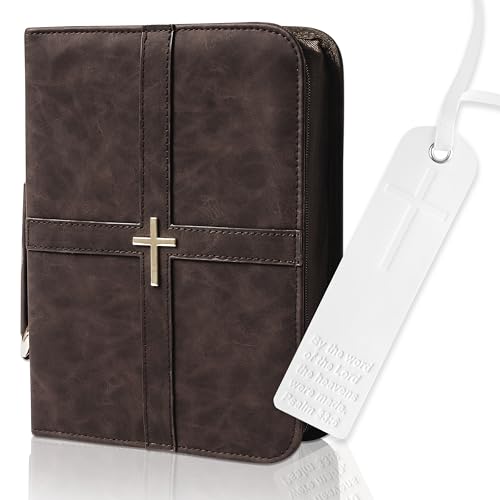 Bible Cover, Discreet & Elegant Bible Case, Brown PU Leather Bible Cover, Cross Design Bible Bags, Strong and Sturdy Book Case, Includes Premium Bookmark