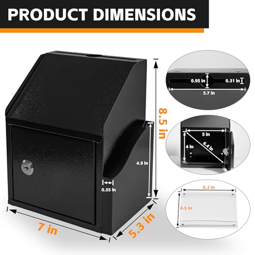 Black Suggestion Box with Lock and Slot - Wall-Mounted or Countertop Donation & Comment Box