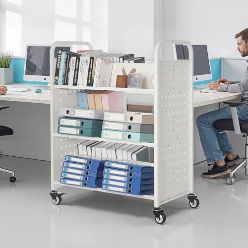 VEVOR White Rolling Library Book Cart, 330 lbs Capacity, 38.2 x 20.3 x 48.2-Inch W-Shaped 3-Tier with Lockable Wheels