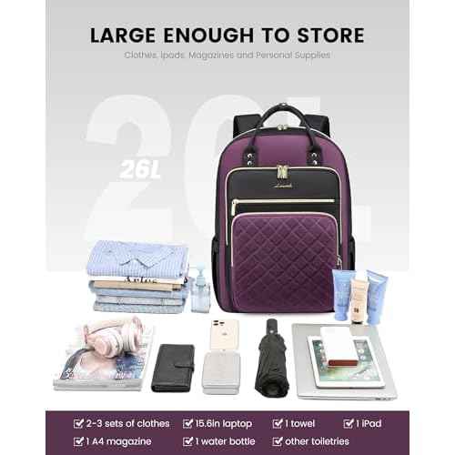 LOVEVOOK Laptop Backpack for Women with Giant Tumbler Holder Pocket, 15.6 Inch Water Resistant Lightweight Daypacks for College Work Business, Nurse Teacher Computer Bags, Purple Black
