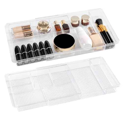 Oubonun Expandable Drawer Organizer 11.1¡± to 19.2¡± Width, Shallow Cosmetic Organizer 1.3¡± Height, 2 Packs, Clear Plastic Storage Trays for Dressing Table,Bathroom