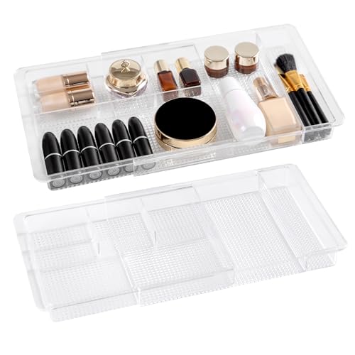 Oubonun Expandable Shallow Plastic Makeup Drawer Organizer 2 Pack, Transparent 1.3" Height