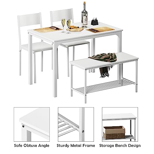 SogesHome 3-Piece Dining Table Set with 2 Chairs & Bench, White