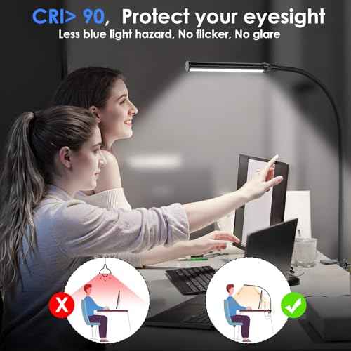 ShineTech LED Desk lamp with Clamp, 5000K Daylight White 11 Brightness Level Eye-Caring Clip Lights for Home Office, Flexible Gooseneck USB Adapter, Black
