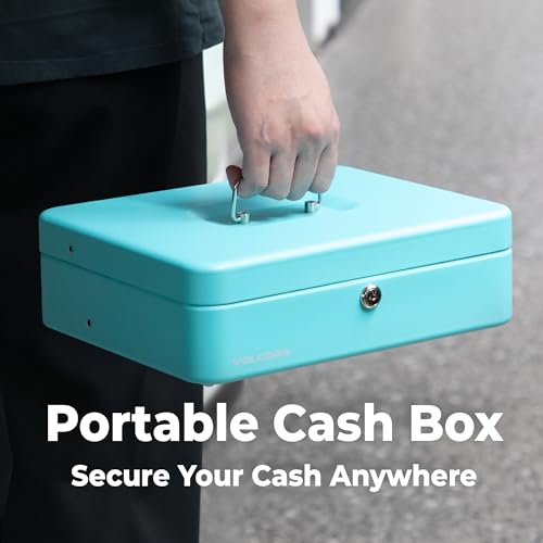 Volcora Cyan Large Cash Box with Key Lock, 12x9.5x3.5in, Money Tray, Heavy-Duty Portable Safe