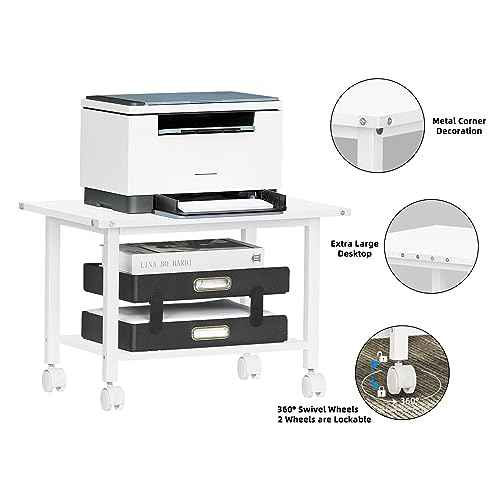 Lerliuo Under Desk Printer Stand, 2-Tier Industrial Mobile Printer Table with Storage Shelf and Steel Frame, Rolling Printer Cart Holder with Lockable Wheels for Home, Office (White)