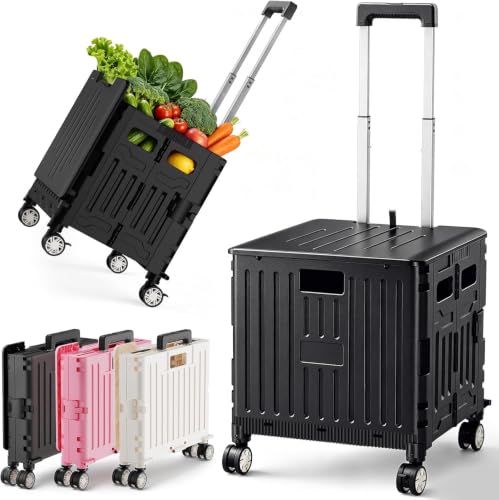 SUNALLY Folding Utility Cart with Lid - Black Rolling Handcart for Shopping & Travel