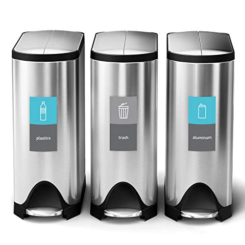 simplehuman 40L Dual Compartment Butterfly Lid Kitchen Recycling Trash Can, Brushed Stainless Steel