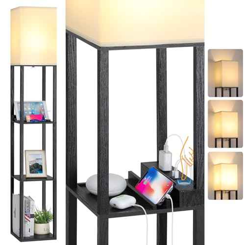 FOLKSMATE LED Shelf Floor Lamp with USB Charging Ports£¬Type C Port & Power Outlet, 3 Way Dimmable Touch Control Modern Standing Lamps with Shelves for Bedroom, Living Room