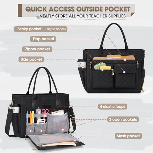 RAINSMORE Teacher Tote Bag with Insulated Lunch Compartment 15.6 inch Laptop Bag for Women Lightweight Work Bags Nurse Bags