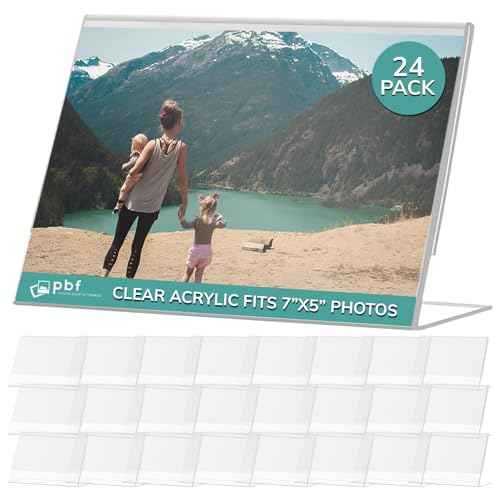 pbf 7x5 Acrylic Sign Holder | 7 x 5 Horizontal Stand Up Slanted Sign Holder | Acrylic Stands for Display | Clear Picture Frame, Menu Table Top Stand, Plastic Flyer Holder (24-Pack)