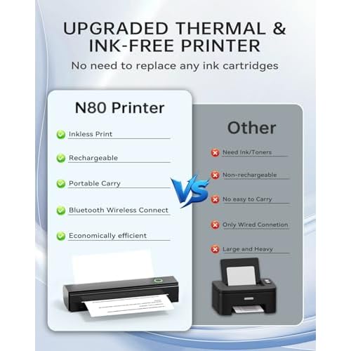 Portable Printers Wireless for Travel, N80 Wireless Thermal Printer Bluetooth Inkless Printer Support 8.5" X 11" US Letter & A4 Size, Compatible with iOS, Android, Laptop for Office, Home, Car, Black